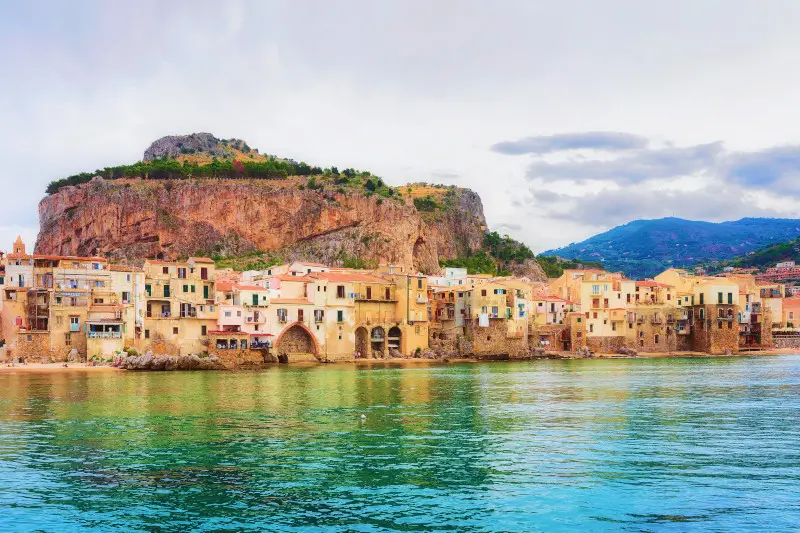 Cityscape of Cefalu old town and the Mediterranean Sea, Palermo region, Sicily island in Italy