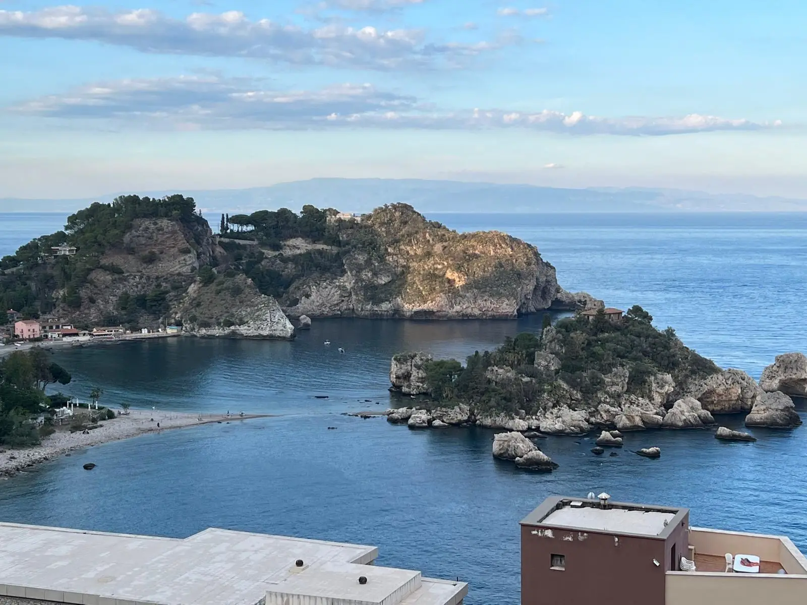 Aerial view of Isola Bella island and beach in Taormina, Sicily